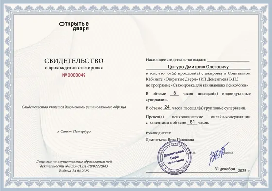 Свидетельство о стажировке в Социальном кабинете «Открытые двери»